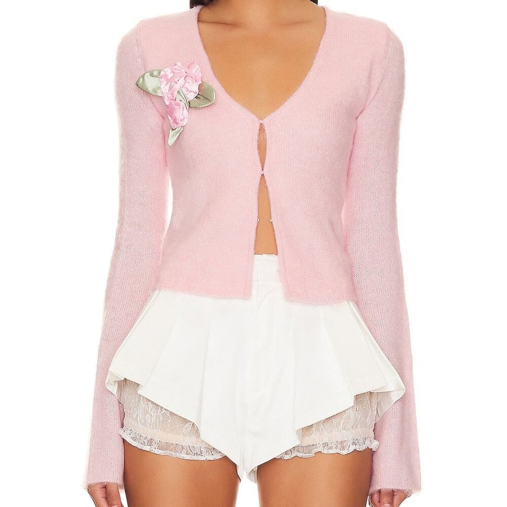 NWT For Love and Lemons Savannah Rosette Cardigan in Pink - Size Large